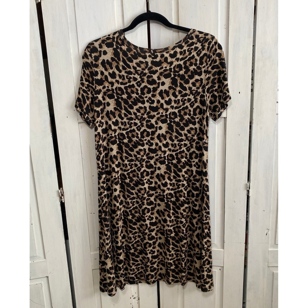 POPYOUNG Leopard Print Casual T Shirt Dress Short Sleeve Midi Women Size‎ L Cute - Picture 2 of 7